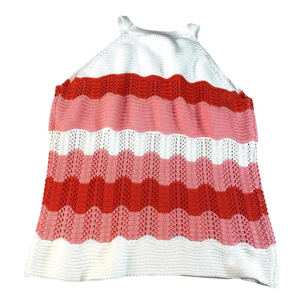 Open Knit Crocheted Multicolor Stripe Sleeveless Sweater Tank Top Summer Top XL - Picture 5 of 6
